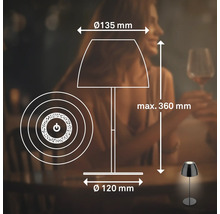 Technische Zeichnung einer Tischleuchte mit Maßangaben: Schirmdurchmesser 135 Millimeter, Gesamthöhe 360 Millimeter und Fußdurchmesser 120 Millimeter.