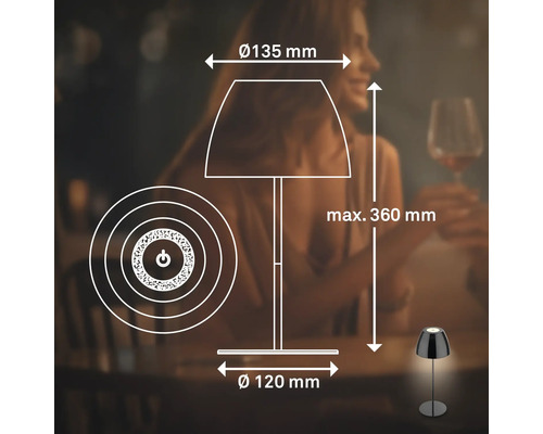 Technische Zeichnung einer Tischleuchte mit Maßangaben: Schirmdurchmesser 135 Millimeter, Gesamthöhe 360 Millimeter und Fußdurchmesser 120 Millimeter.
