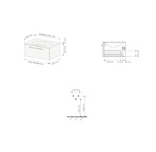 Dessin technique avec dimensions pour un meuble sous vasque avec lavabo en différentes largeurs pour montage mural.