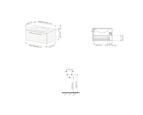 Dessin technique avec dimensions pour un meuble sous vasque avec lavabo en différentes largeurs pour montage mural.