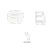 Dessin technique d un meuble sous vasque avec deux tiroirs incluant les dimensions pour l installation dans la salle de bain.