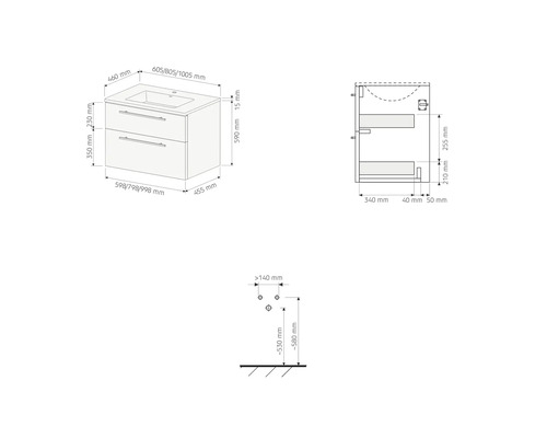 Dessin technique d un meuble sous vasque avec deux tiroirs incluant les dimensions pour l installation dans la salle de bain.