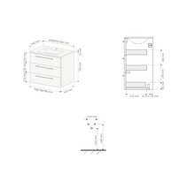 Dessin technique avec dimensions pour un meuble sous lavabo à trois tiroirs.