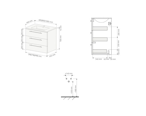 Dessin technique avec dimensions pour un meuble sous lavabo à trois tiroirs.