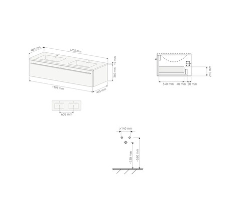 Dessin technique avec dimensions pour un meuble double vasque suspendu.