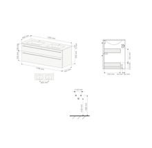 Dessin technique avec dimensions d'un meuble sous-vasque double avec deux tiroirs pour la salle de bain.