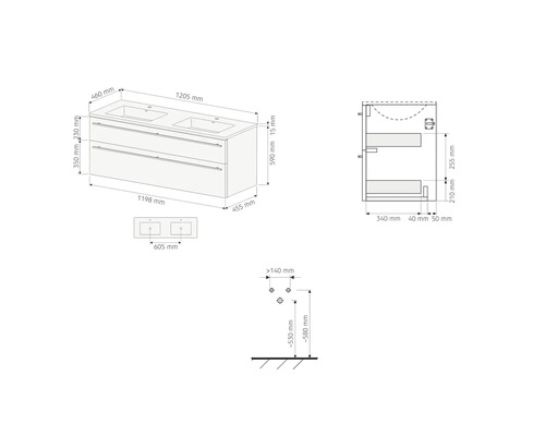 Dessin technique avec dimensions d'un meuble sous-vasque double avec deux tiroirs pour la salle de bain.