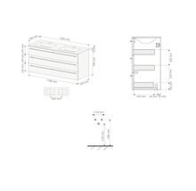 Dessin technique avec dimensions pour un meuble sous vasque avec double vasque et trois tiroirs.