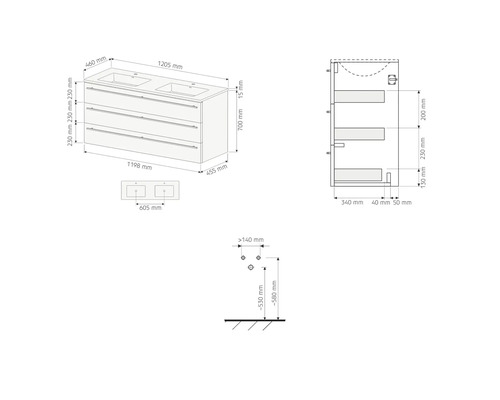 Dessin technique avec dimensions pour un meuble sous vasque avec double vasque et trois tiroirs.