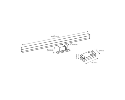 Technische Zeichnung einer LED Spiegelleuchte mit Montagehalterung und Abmessungen in Millimeter.