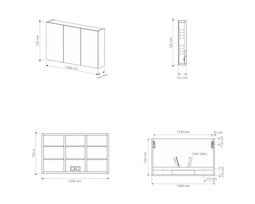 Dessin technique d une armoire de toilette avec dimensions et raccordements électriques pour montage mural.