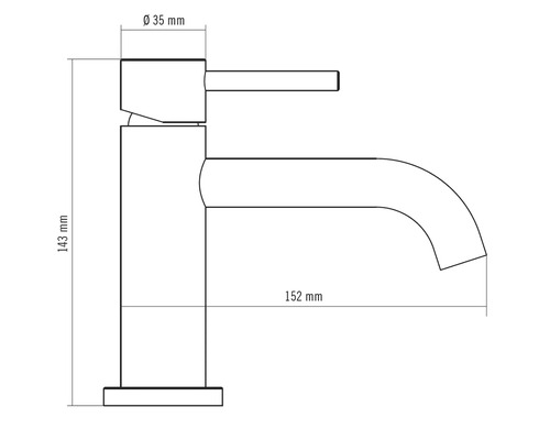 Dessin technique d'un robinet de lavabo avec dimensions en millimètres pour la planification et l'installation.