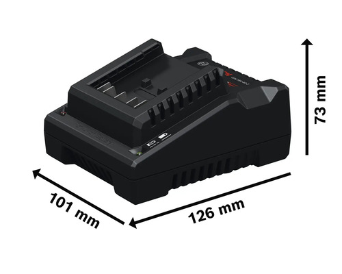 Bosch Professional Ladegerät GAL 18V-40 mit Maßangaben 101 Millimeter mal 126 Millimeter mal 73 Millimeter