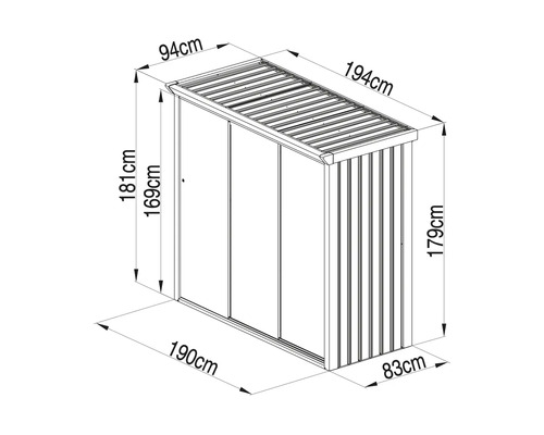 Dessin technique d un abri de jardin en métal avec dimensions en centimètres