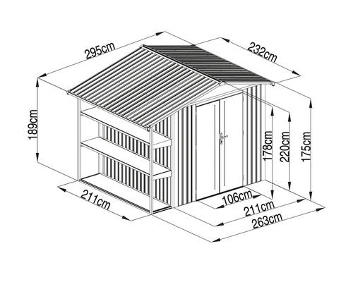 Dessin technique d'un abri de jardin en métal avec étagères latérales et dimensions indiquées pour la longueur, la largeur et la hauteur.