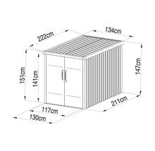 Dessin technique d'une armoire de jardin en métal avec dimensions pour les mesures extérieures et l'ouverture de porte.