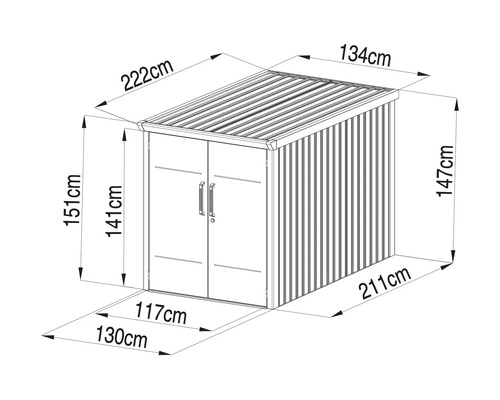 Dessin technique d'une armoire de jardin en métal avec dimensions pour les mesures extérieures et l'ouverture de porte.