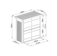 Dessin technique d un abri poubelle avec dimensions, dimensions 230 centimètres par 113 centimètres par 222 centimètres.