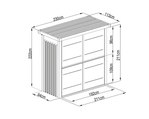 Dessin technique d un abri poubelle avec dimensions, dimensions 230 centimètres par 113 centimètres par 222 centimètres.