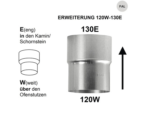 Ofenrohr Erweiterung FAL 120 Millimeter auf 130 Millimeter für den Anschluss von Kaminöfen an Schornsteine.