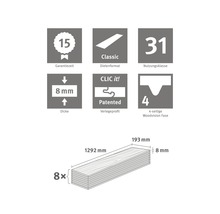 Informationen zu Laminat: Garantiezeit 15 Jahre, Dielenformat Classic, Nutzungsklasse 31, Dicke 8 mm, patentiertes Verlegeprofil Clic it!, vierseitige Woodvision Fase, acht Dielen pro Paket, Dielenlänge 1292 mm, Dielenbreite 193 mm