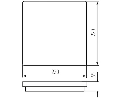 Dessin technique d''un couvercle carré mesurant 220 x 220 x 55 mm