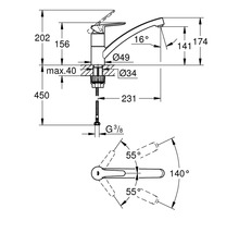Technische Zeichnung einer Küchenarmatur mit Maßangaben