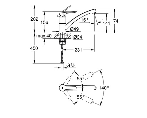 Technische Zeichnung einer Küchenarmatur mit Maßangaben