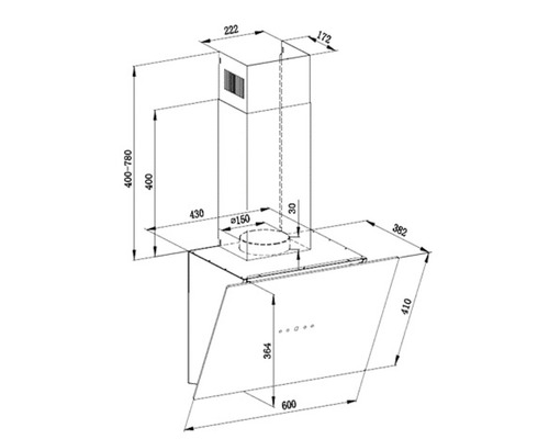 Technische Zeichnung einer Dunstabzugshaube mit Maßangaben