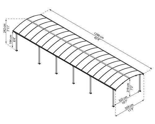 Schéma technique d''un carport avec indications de dimensions.