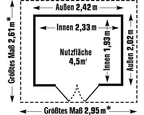 Grundriss mit Aussenmassen 2,42 Meter mal 2,61 Meter, Innenmassen 2,33 Meter mal 1,93 Meter und Nutzfläche 4,5 Quadratmeter