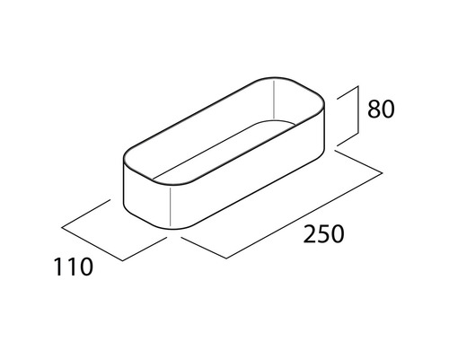 Schéma technique d''une étagère rectangulaire à coins arrondis, longueur 250 mm, largeur 110 mm, hauteur 80 mm