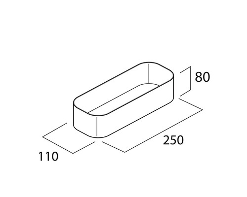 Dessin technique d''un plateau rectangulaire mesurant 250 x 110 x 80 millimètres