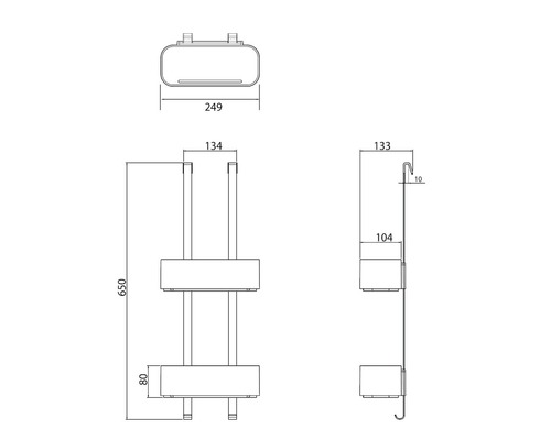 Technische Zeichnung eines Duschkorbs mit Maßen