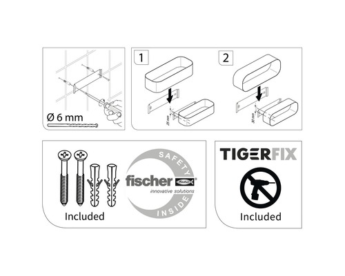 Instructions de montage avec perceuse, vis, chevilles, logo Fischer et logo TigerFix