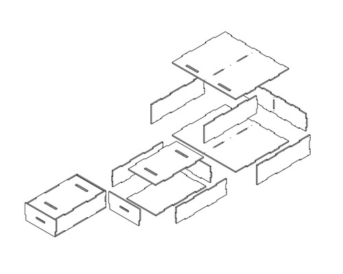 Explosionszeichnung eines Regalsystems zur Selbstmontage