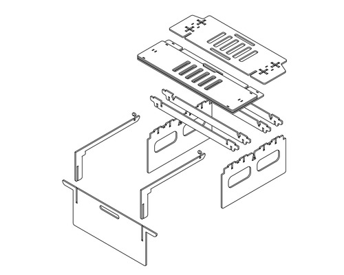 Explosionszeichnung einer Schublade mit verschiedenen Bauteilen.