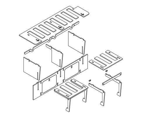 Explosionszeichnung eines Möbelbausatzes mit verschiedenen Einzelteilen
