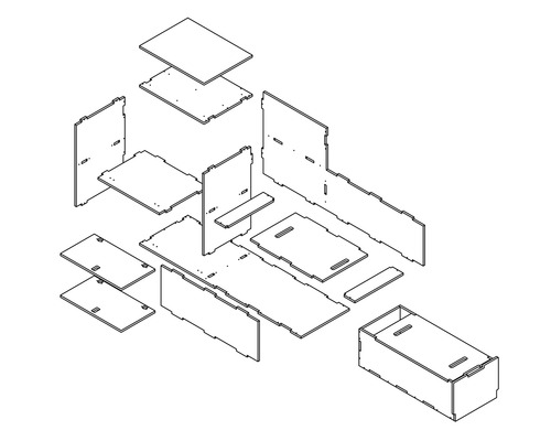 Explosionszeichnung eines Möbelbausatzes mit verschiedenen Brettern und Verbindungselementen
