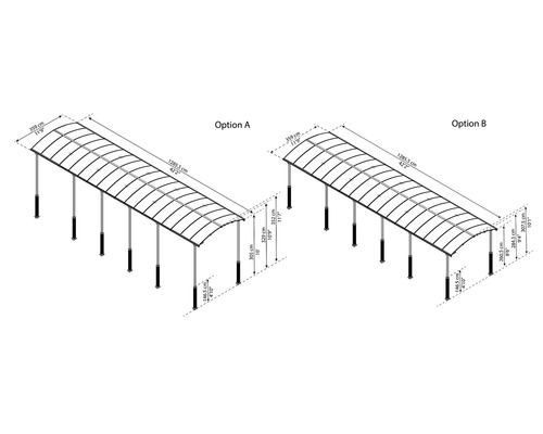 Schéma technique avec les dimensions de deux options différentes d''abri de voiture.