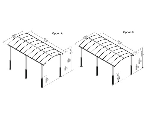 Schéma de deux options d''abri de voiture avec dimensions