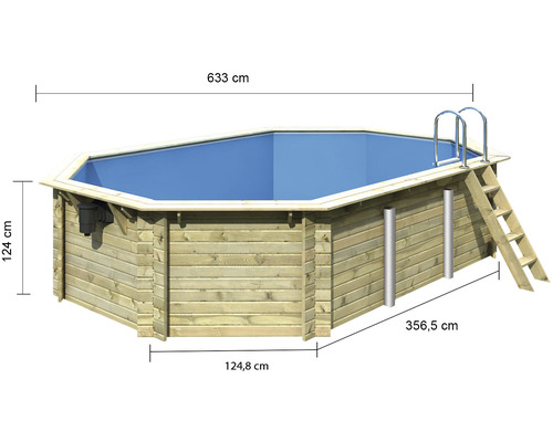 Piscine en bois avec échelle et dimensions de 633 cm, 124 cm, 356,5 cm et 124,8 cm