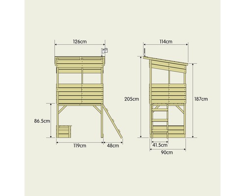 Plan coté d''une cabane en bois avec échelle latérale et petit toit