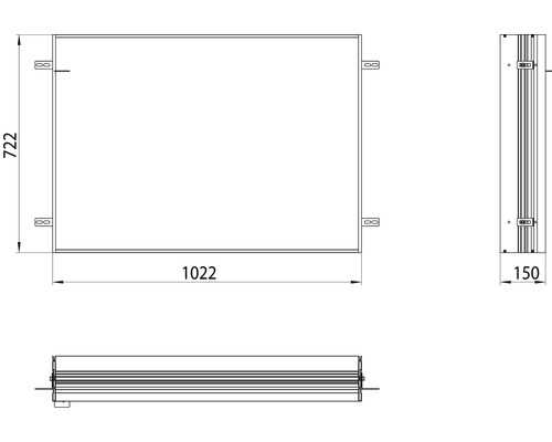 Schéma technique d''un boîtier mesurant 1022 x 722 x 150 millimètres.