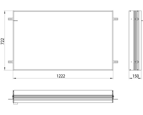 Schéma technique d''une boîte de dérivation mesurant 1222 x 722 x 150 mm