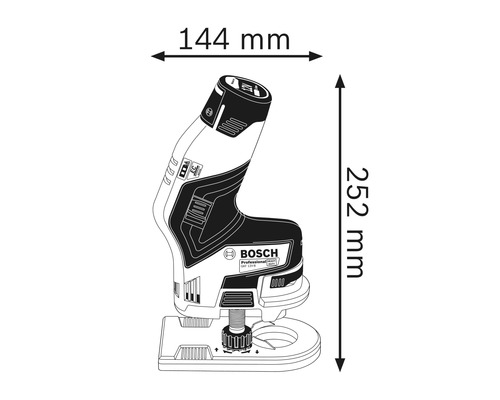 Image des dimensions d''une défonceuse sans fil : 144 mm de large et 252 mm de haut