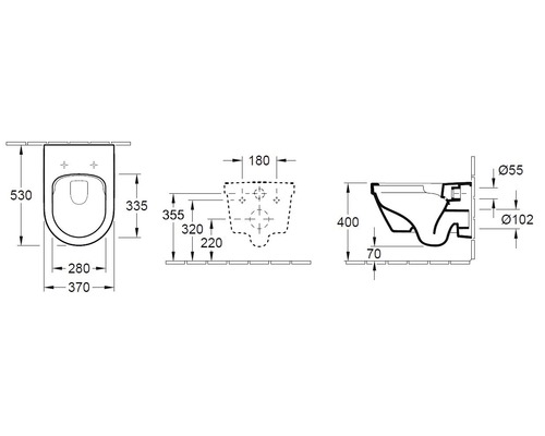 Schéma technique de toilettes suspendues avec dimensions.