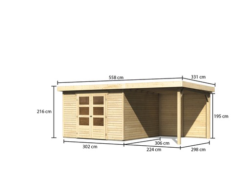 Abmessungen eines Gartenhauses aus Holz mit Vordach