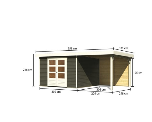 Holzgartenhaus mit Carport und Massangaben
