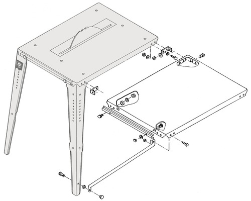 Vue éclatée d''une table de sciage avec extension et éléments de fixation